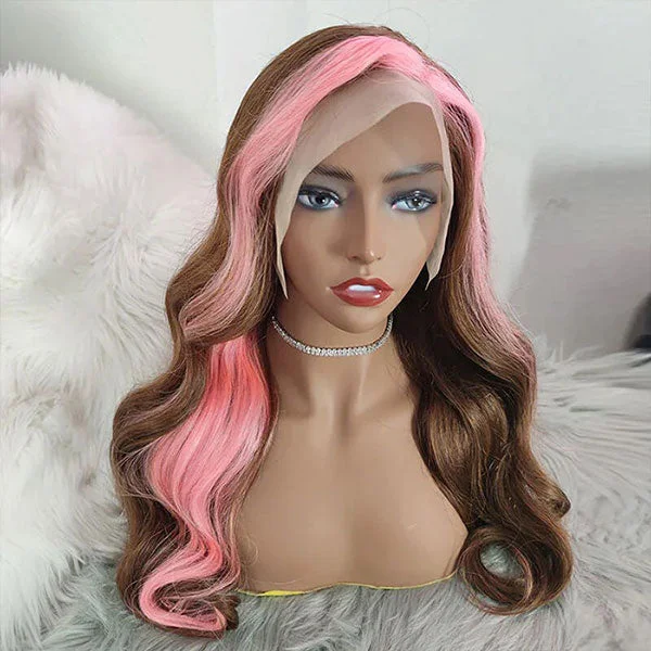 Colored wig with a wispy fringe for a soft and feminine lookJunoda Strawberry Pink Chocolate Brown Skunk Stripe Wig Body Wave Human Hair Wigs