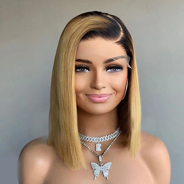 Colored wig with a middle - part for a classic and elegant styleJunoda T1B/27 Straight Ombre Human Hair Lace Wig Dark Roots Caramel Honey Blonde Short Bob Wigs