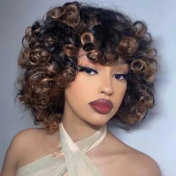 Colored wig with a side - part for a more flattering appearanceYasser K wigsandwanderlust Recommend Junoda T1B/30 Bouncy Curly Ombre Human Hair Wig With Bangs Two Tone Color Dark Root Bob Wig