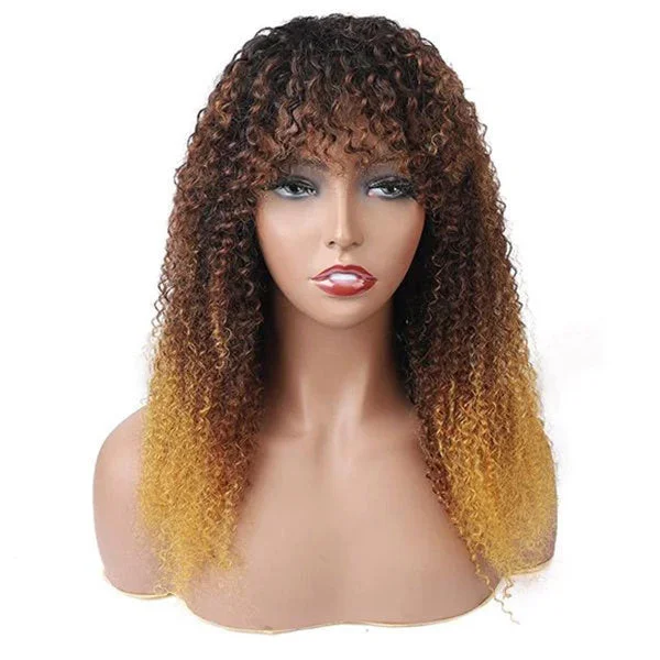 Colored wig with a purple - violet shade for a regal and elegant lookJunoda T1B/4/27 Colored Kinky Curly Wig with Bangs Ombre Glueless Human Hair Wigs