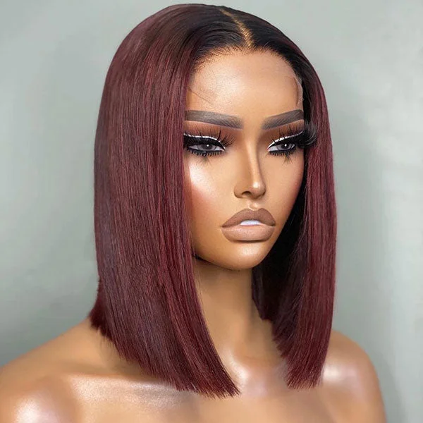 Colored wig with a silk - base cap for a comfortable and smooth feelJunoda T1B/99J Burgundy Red Straight Bob Lace Part Wig Ombre Colored Human Hair Wig