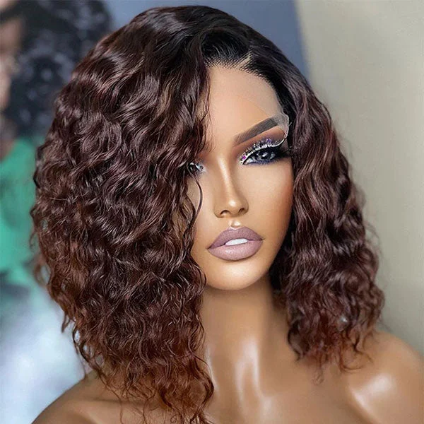 Colored wig with a pre - plucked hairline for a more natural lookJunoda T1B/Dark Brown Color Deep Wave Asymmetrical Bob Wig Ombre Curly Lace Front Wig