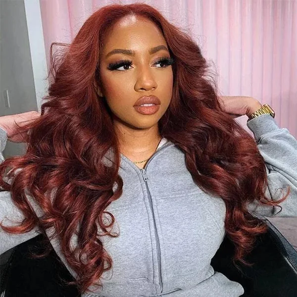 Colored wig with a side - swept bang for a sophisticated lookJunoda Wear & Go Pre Cut Lace Wig Reddish Brown Body Wave 6"x4.5" Quick & Easy Glueless Wig