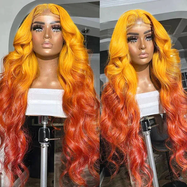 Colored wig with a natural - looking root for a more realistic lookJunoda Yellow Orange Body Wave Ombre Human Hair Wigs 2 Tone Color Lace Wig