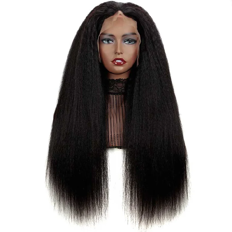 Colored wig with a wispy fringe for a soft and feminine lookRebecca Fashion 13x4 Lace Front Wigs Kinky Straight Human Hair 180% Density Natural Black Color