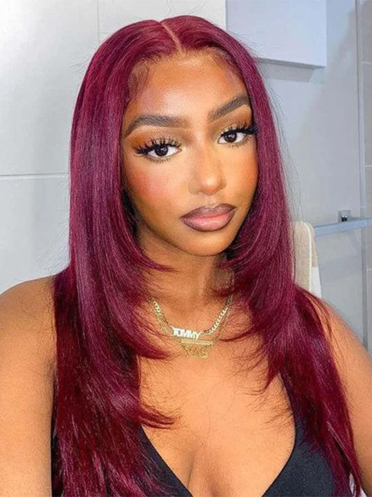 Synthetic colored wig with a heat - resistant formula for easy stylingLayered Wig Straight Hair 99J Burgundy Full 13x6 Lace Frontal Human Hair Wigs