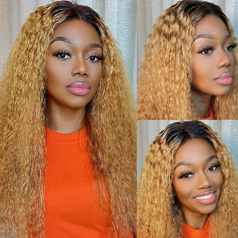 Colored wig with a natural - looking root for a more realistic lookLumiere 1B/27 Ombre Kinky Curly 4x4/5x5/13x4 Lace Closure/Frontal 150%/180% Density Wigs For Women Pre Plucked