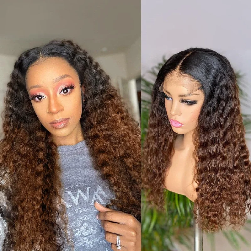 Colored wig with a silver - grey color for a trendy and cool - toned lookLumiere 1B/4 Ombre Brown Kinky Curly 4x4/5x5/13x4 Lace Closure/Frontal 150%/180% Density Wigs For Women Pre Plucked