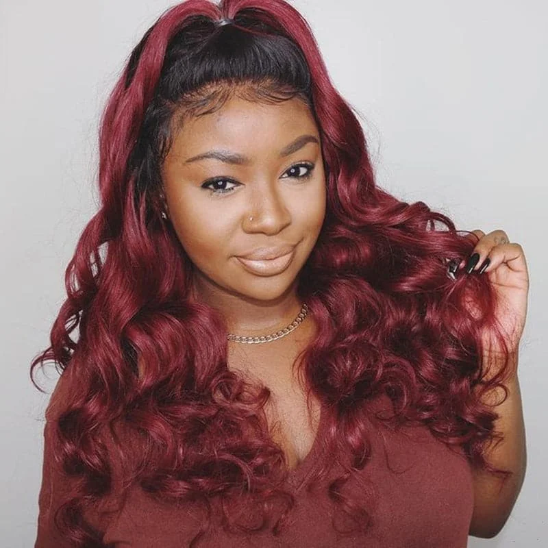 Synthetic colored wig with a heat - resistant formula for easy stylingLumiere 1B/99J Ombre Body Wave 4x4/5x5/13x4 Lace Closure/Frontal 150%/180% Density Wigs For Women Pre Plucked