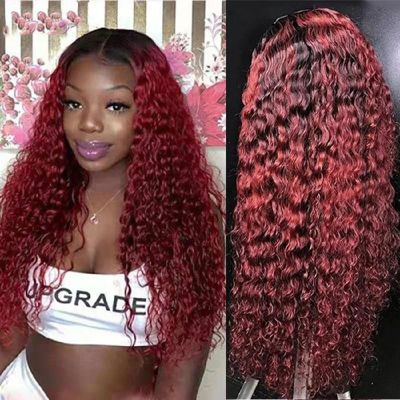 Colored wig with a silk - base cap for a comfortable and smooth feelLumiere 1B/99J Ombre Kinky Curly 4x4/5x5/13x4 Lace Closure/Frontal 150%/180% Density Wigs For Women Pre Plucked