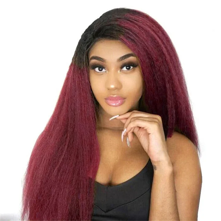 Colored wig with a middle - part for a classic and elegant style1B/99J Ombre Kinky Straight 4x4/5x5/13x4 Lace Closure/Frontal 150%/180% Density Wigs For Women