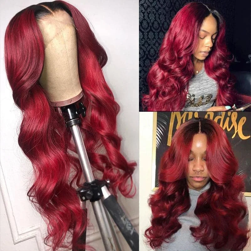 Colored wig with a middle - part for a classic and elegant styleLumiere 1B/BURG Ombre Body Wave 4x4/5x5/13x4 Lace Closure/Frontal 150%/180% Density Wigs For Women Pre Plucked