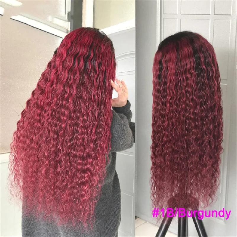 Adjustable - cap colored wig for a comfortable fitLumiere 1B/BURG Ombre Kinky Curly 4x4/5x5/13x4 Lace Closure/Frontal 150%/180% Density Wigs For Women Pre Plucked