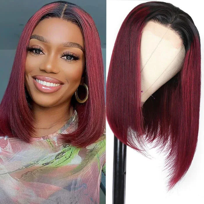 Colored wig with a side - swept bang for a sophisticated lookLumiere A1 Customized 13x4 Lace 1B/99J Red Color Short Straight Bob Wigs Human Hair