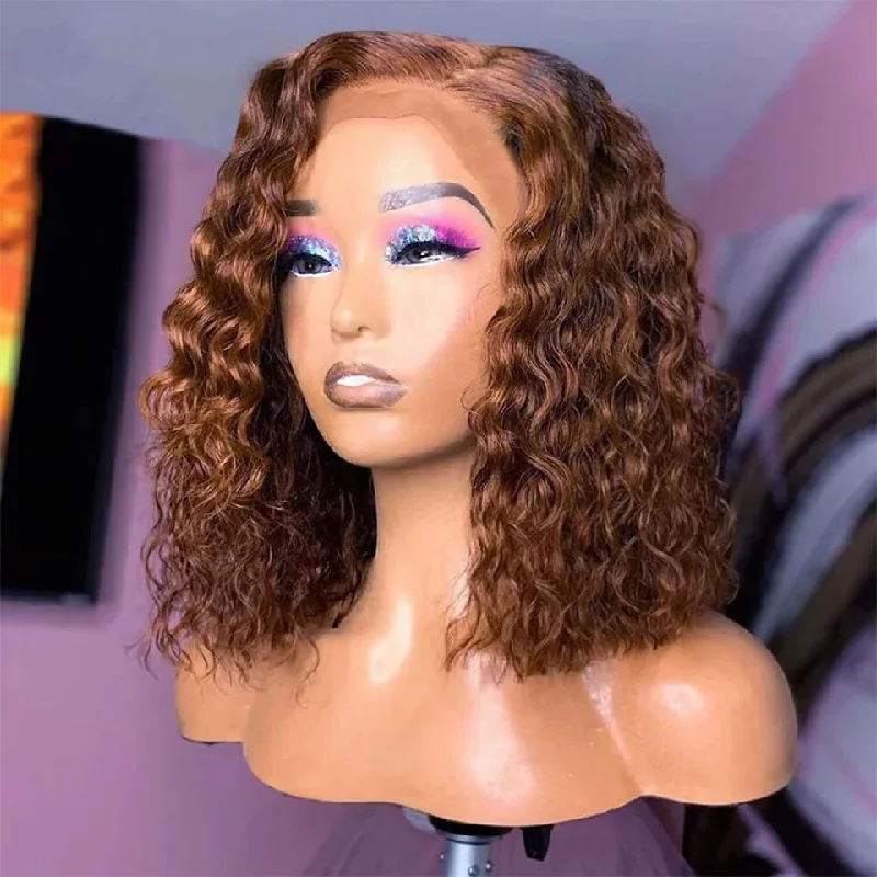 Colored wig with a wavy texture for a beachy and fun lookLumiere #P1B/30 & #4 & Highlight Water Wave Bob 13X4 HD Lace Wig Human Hair Transparent Lace Frontal Wigs  For Women HDZ