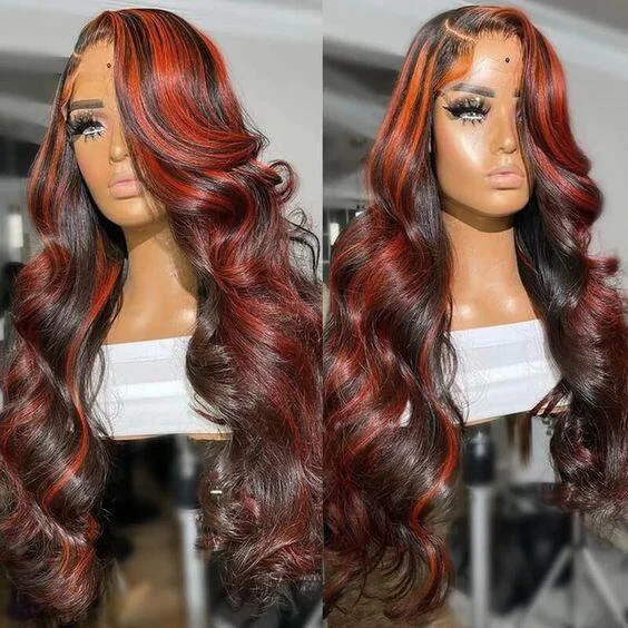 Colored wig with a side - part for a more flattering appearance1B/Red Highlight Body Wave Lace Frontal Human Hair Wigs