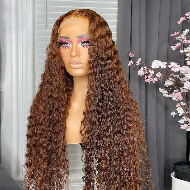 Colored wig with a natural - looking root for a more realistic lookMedium Brown Color Full Frontal Wig 200% Density Deep Wave Hair