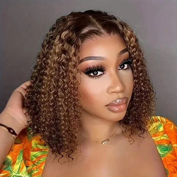 Colored wig in a vibrant pink color for a bold and eye - catching lookHighlight Short Cut Curly Glueless Bob Wig Pre Cut 6x5 HD Lace Bleached Knots