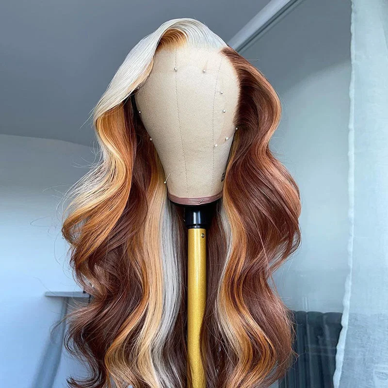 Synthetic colored wig with a heat - resistant formula for easy stylingNatural Straight Brown With White Highlight Full Frontal Color Wig