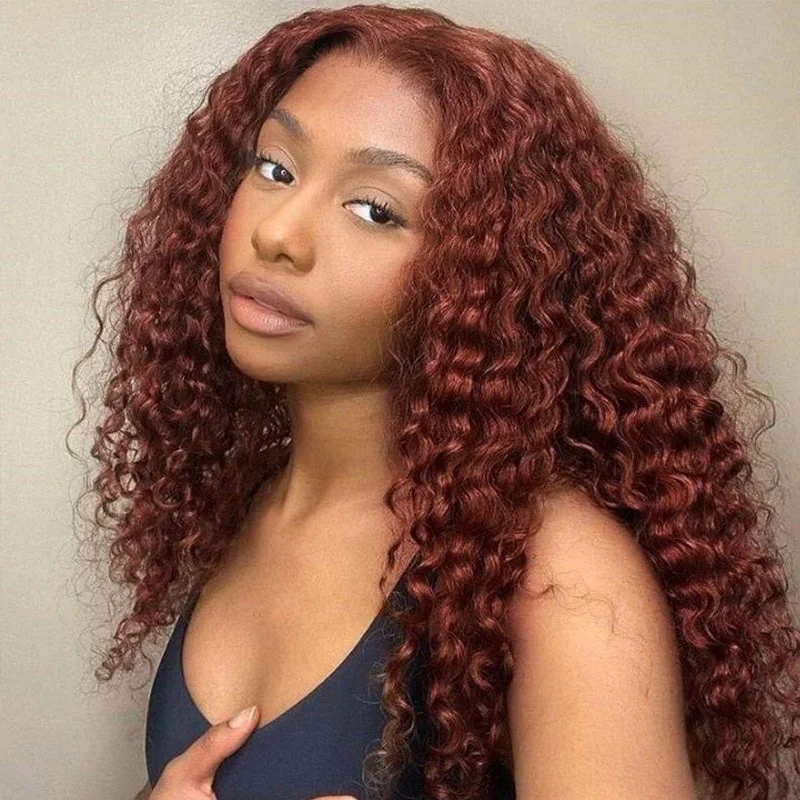 Colored wig with a wavy texture for a beachy and fun lookNew Fabulous Glueless Reddish Brown Deep Wave Hair HD Lace Front Wigs