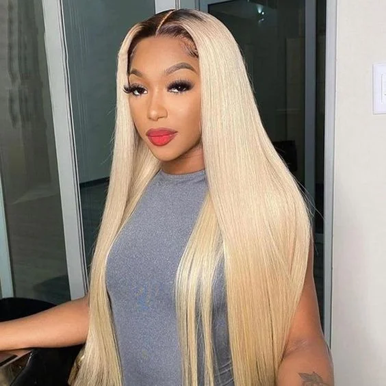 Colored wig with a side - swept bang for a sophisticated look1B/613 Ombre Blonde Lace Front Wigs Straight Human Hair Lace Part Wigs