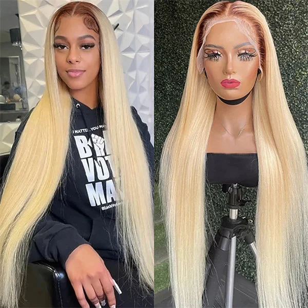 Colored wig with a side - part for a more flattering appearance13x4 Lace Front Wigs Ombre T4/613 Brown Roots Blonde Straight Human Hair Wigs