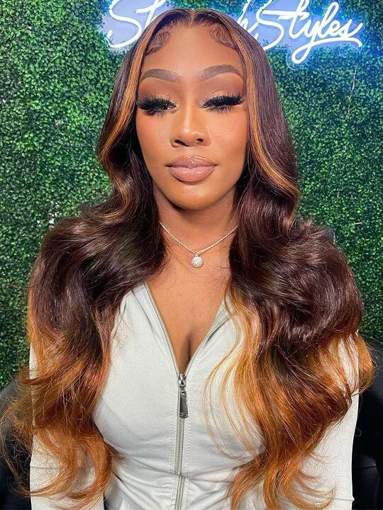 Colored wig with a side - part for a more flattering appearanceOmbre Brown Highlight Color Body Wave 13x4 13x6 Transparent Lace Frontal Human Hair Wig