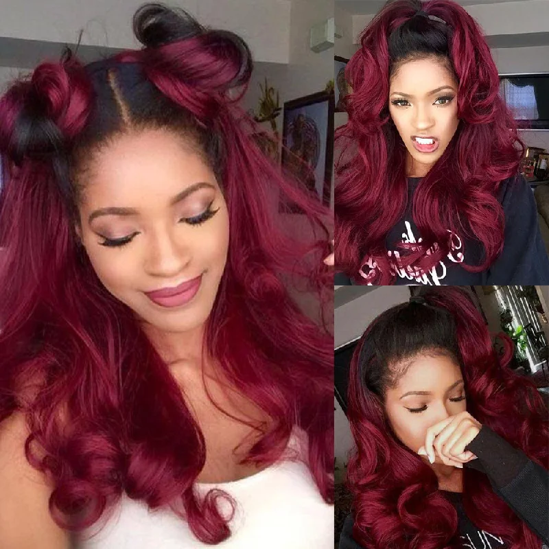 Colored wig with a straight texture for a sleek and minimalist lookRebecca Fashion Ombre Burgundy Red 13x4 Lace Frontal Wigs 100% Huamn Hair Body Wave Wigs 150% Density