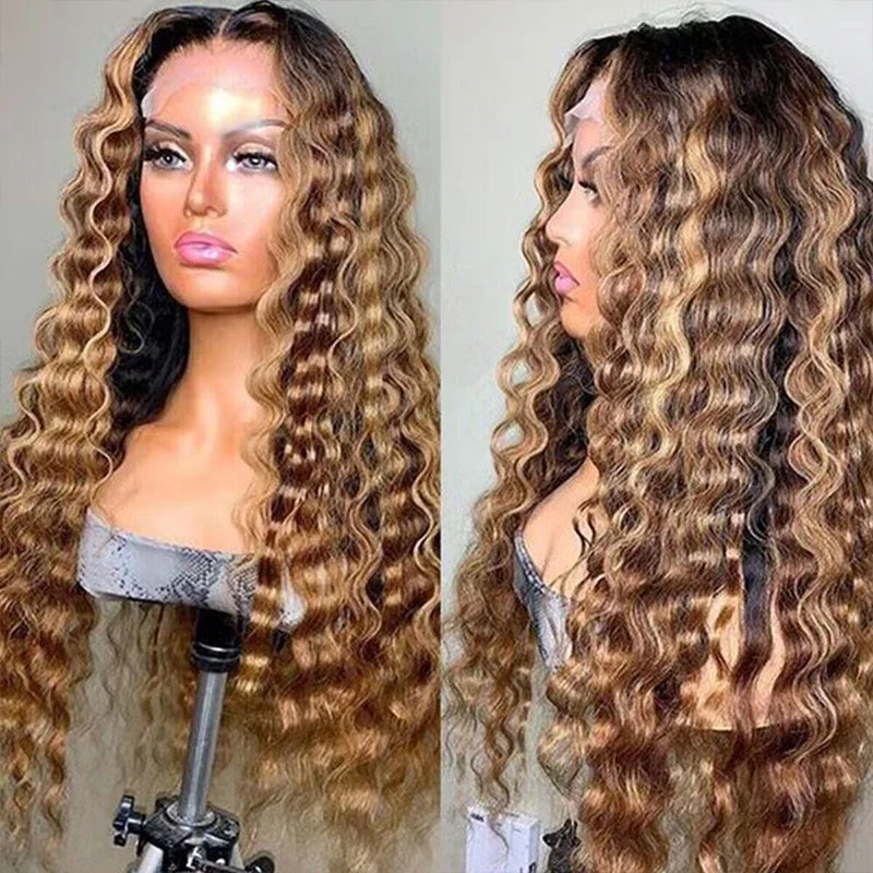 Colored wig with a purple - violet shade for a regal and elegant lookOmbre Highlight Honey Blonde With Dark Roots Loose Deep Wave 6x5 13x4 Glueless HD Lace Wigs