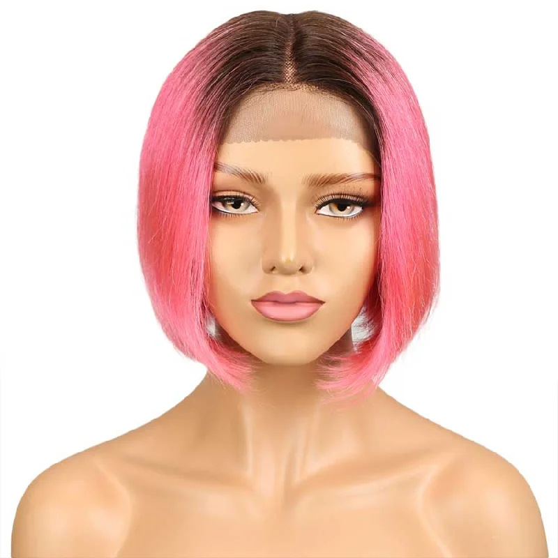 Colored wig in a vibrant pink color for a bold and eye - catching lookRebecca Fashion Ombre Pink Bob Wig Middle Part 10 Inch Virgin Human Hair Wigs