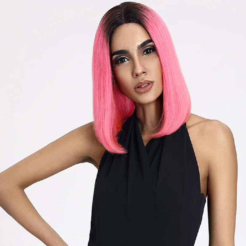 Colored wig with a side - part for a more flattering appearanceRebecca Fashion Ombre Pink Bob Wig Middle Part Wigs 12 Inch