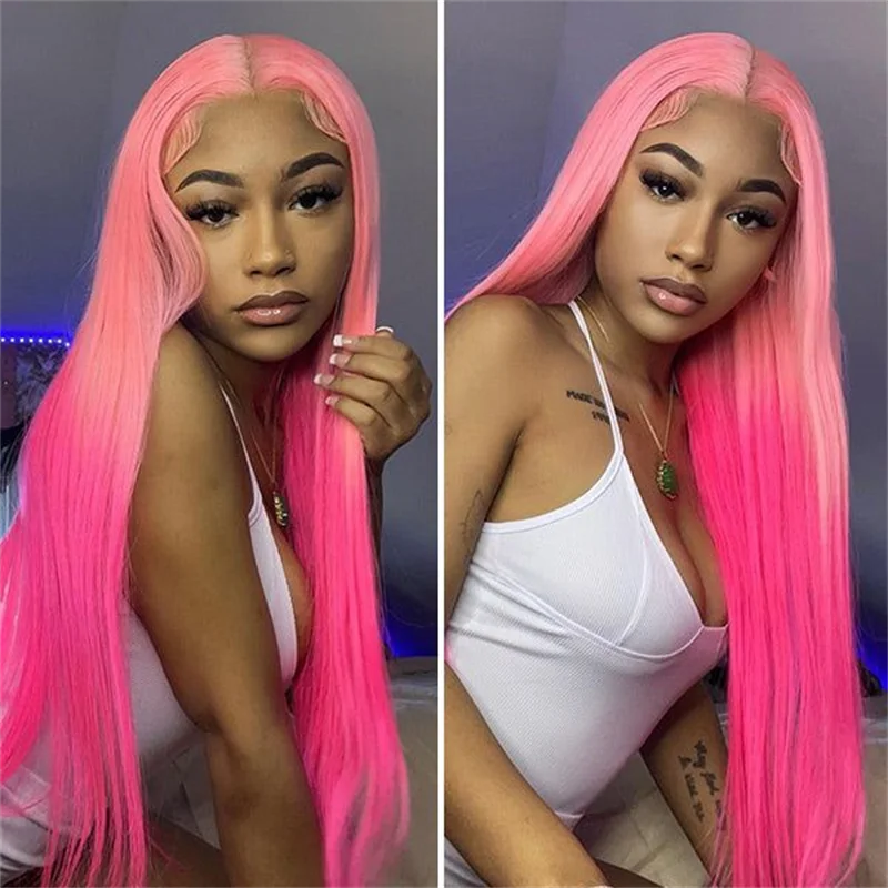 Colored wig with a curly texture for a bold and stylish choiceOmbre Rose Pink Straight Human Hair Lace Front Wigs HD Transparent Pre Plucked Glueless Wigs