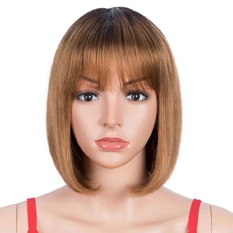 Colored wig with a pre - plucked hairline for a more natural lookRebecca Fashion Ombre Wig Basic Cap Wig T1B/30 Straight Wigs With Bangs Human Hair