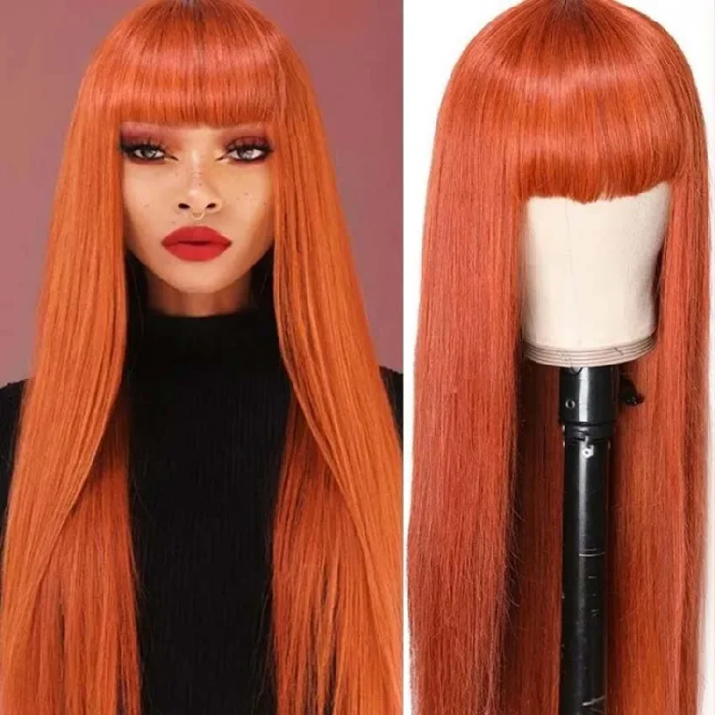 Colored wig with a red - orange hue for a warm and energetic lookRebecca Fashion Orange Wigs Straight Human Hair Wigs With Bangs For Women Ginger Color