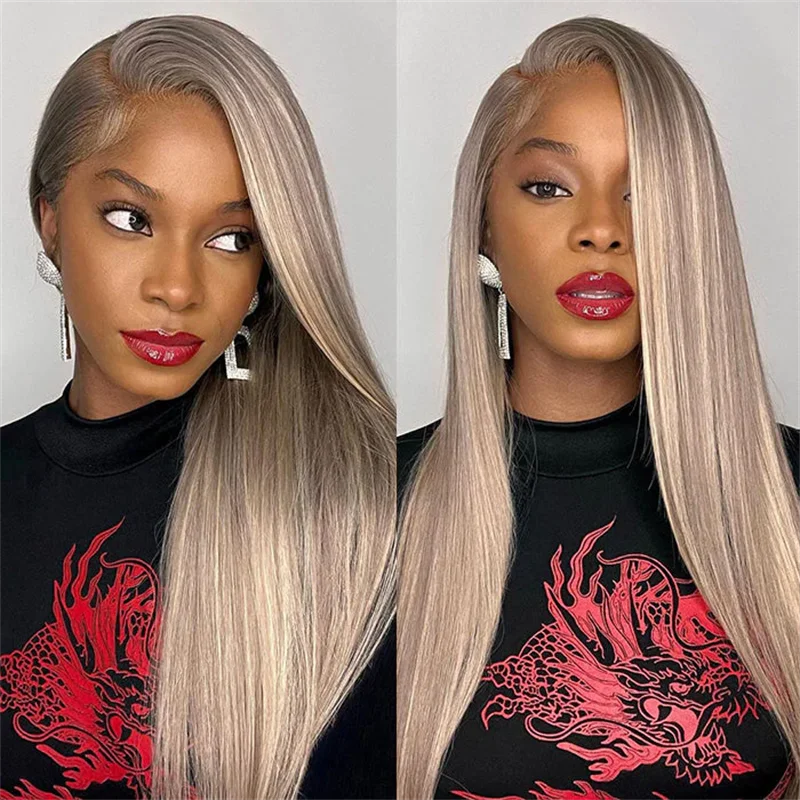 Colored wig with a pre - plucked hairline for a more natural lookP18/613 Highlight Blonde HD Lace Front Wigs Straight Human Hair Glueless Wigs