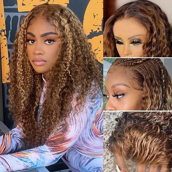 Colored wig with a side - part for a more flattering appearanceBrown Highlight Wig Ombre Balayage Highlight Deep Wave 4x4 Lace Wigs 30 Inch Wigs