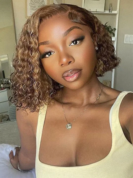 Human - hair colored wig for a natural and luxurious feelP4/27 Highlight Bob Deep Wave 5x5 & 13x4 Transparent Lace Wigs 100% Human Hair