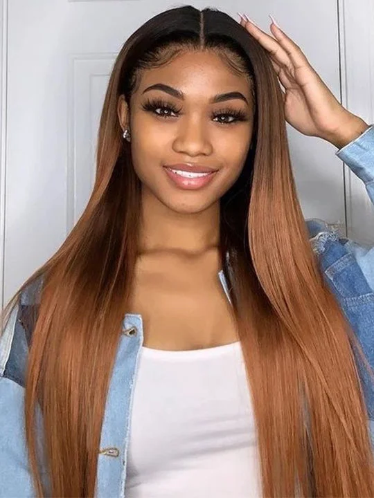 Colored wig with a pre - bleached knot for a natural - looking scalpBrown Wig With Black Roots Ombre 5x5 13x4 13x6 Lace Wigs Straight Human Hair Wigs T1B/30