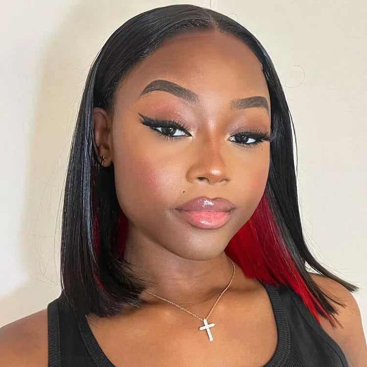 Human - hair colored wig for a natural and luxurious feelPeekaboo Red Highlight Glueless 2x4 Lace Bob Wig