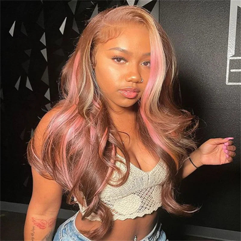 Colored wig with a silk - base cap for a comfortable and smooth feelHairsmarket Glueless Pink Balayage Brown Hair Color Wigs Body Wave Lace Front Wigs