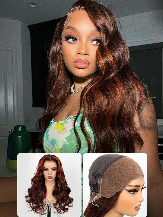 Colored wig with a wavy texture for a beachy and fun lookKisslove Ginger and Copper Red Highlight Body Wave Human Hair Wigs 360 Invisi Strap Lace Frontal Wig