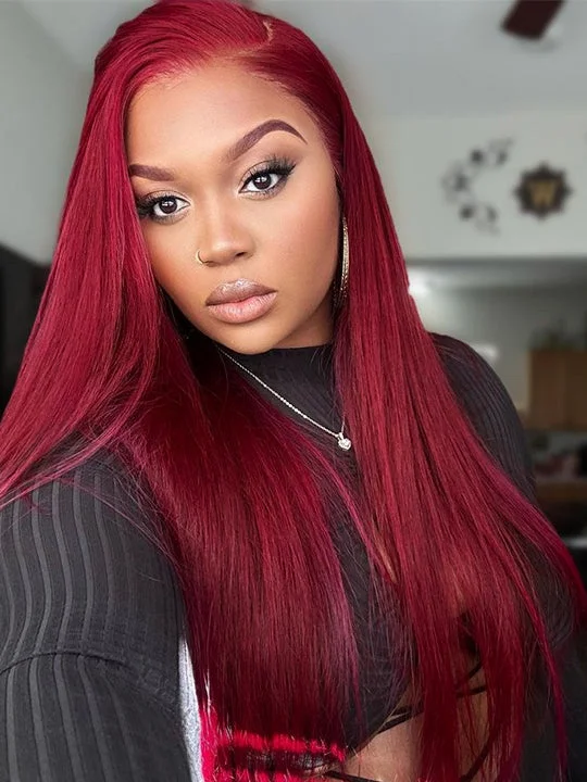 Colored wig with a silk - base cap for a comfortable and smooth feelBleached Knots Burgundy 360 Lace Frontal Wig Silky Straight Human Hair Wigs