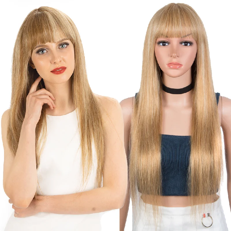 Colored wig with a blue - green ombre effect for a unique and trendy appearanceRebacca Fashion Ombre Blond Color Straight Human Hair Wigs With Bangs For Women Full Machine Made Human Hair Wigs