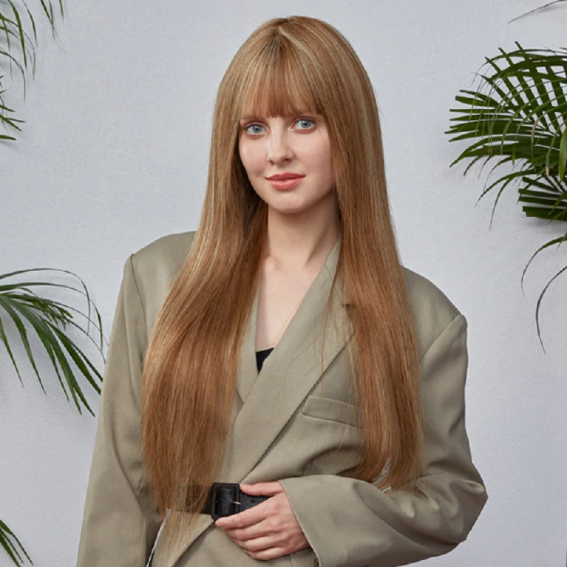 Colored wig with a natural - looking root for a more realistic lookRebacca Fashion Ombre Brown Blonde Color Straight Human Hair Wigs With Bangs For Women 150% Density