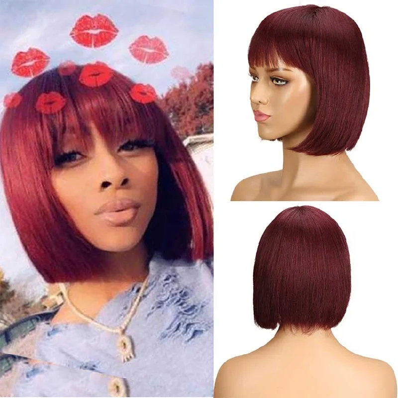 Colored wig in a vibrant pink color for a bold and eye - catching lookRebecca Fashion Bob Wig Short Human Hair Red Wigs With Bangs