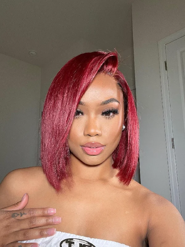 Colored wig with a wispy fringe for a soft and feminine lookRuby Red 5x5 Invisible HD Lace Closure Bob Wig