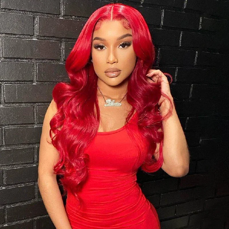 Colored wig in a vibrant pink color for a bold and eye - catching lookRed Color Straight And Body Wave 13x6 Lace Front Wigs 150% Density