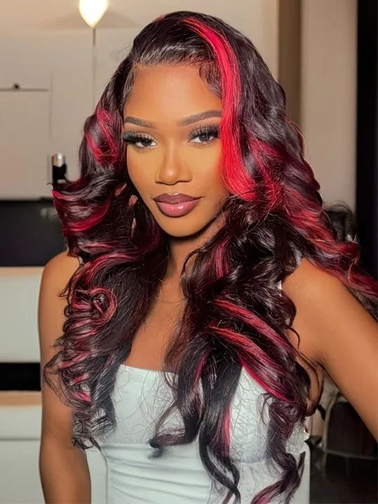 Colored wig with a silver - grey color for a trendy and cool - toned lookRed Highlight Wig 3D Body Wave 5x5 13x4 13x6 Lace Frontal Human Hair Wigs 180% Density