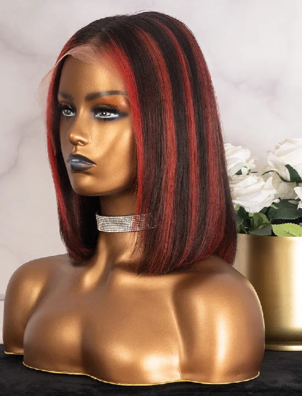 Colored wig in a vibrant pink color for a bold and eye - catching lookClearance Red Highlights Color Human Hair 12 Inches Lace Front Wig