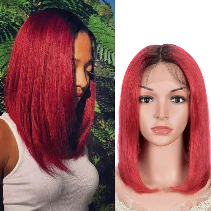 Colored wig with a 150 - density for a full and thick appearanceRebecca Fashion Red Straight Wig 12 Inch Bob Wigs Part Lace Human Hair